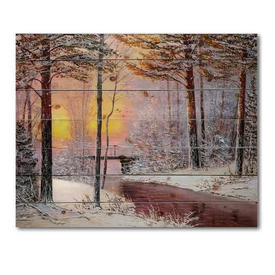 Designart Christmas Forest with River & Trees IV Print on Natural Pine Wood